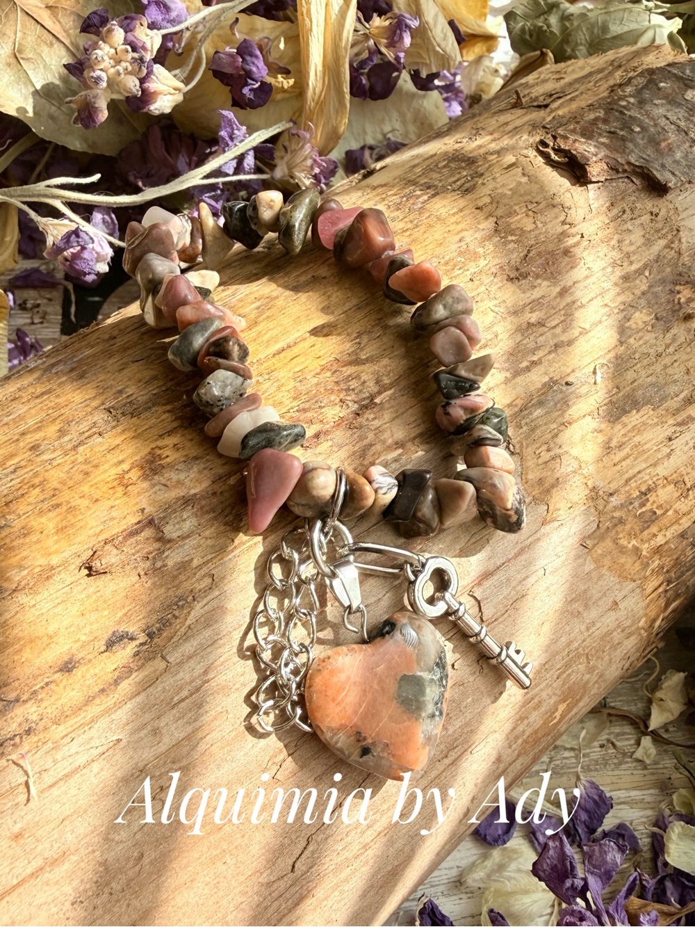 Alquimia Pink and Brown Chip Stone Heart Charm Bracelet